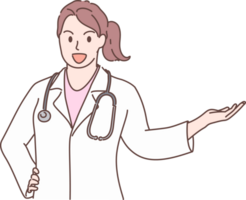 professionale giovane femmina medico personaggio mostrando, puntamento e presentazione con mano per decorazione. mano disegnato stile. png