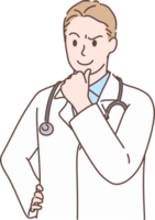 Professional young male doctor character thinking and looking up, confused about an idea for decoration. Hand drawn style. png