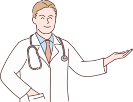 Professional young male doctor character showing, pointing and presenting with hand for decoration. Hand drawn style. png