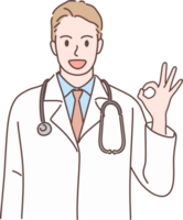 Professional young male doctor character showing the OK sign for decoration. Hand drawn style. png