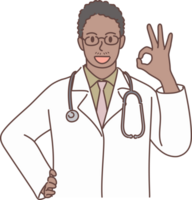 Professional young male doctor character showing the OK sign for decoration. Hand drawn style. png