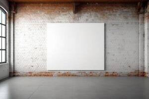 Blank canvas with brick wall in blank white room. Generative AI photo