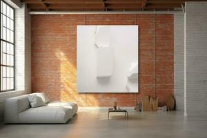 Blank canvas with brick wall in blank white room. Generative AI photo