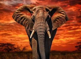 Elephant standing in front of intense sunset. Generative AI. photo