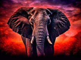 Elephant standing in front of intense sunset. Generative AI. photo