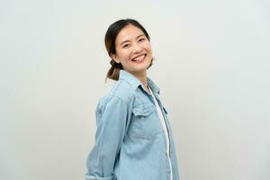 ortrait asian beautiful girl shy smile blank space isolated background. Happy woman on vacation. young female smiling success, billboard, introduction, advertisement, attractive, expression, positive photo