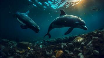 A dolphin trapped in a plastic bag in the ocean. Environmental Protection. Generative ai photo