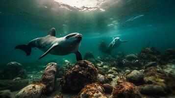 A dolphin trapped in a plastic bag in the ocean. Environmental Protection. Generative ai photo