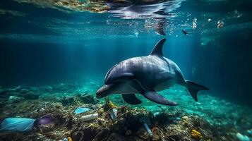 A dolphin trapped in a plastic bag in the ocean. Environmental Protection. Generative ai photo