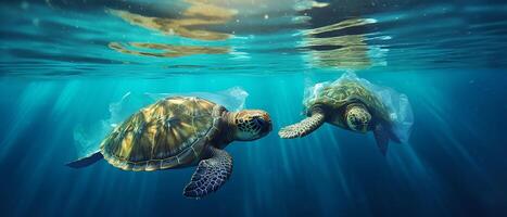 Ocean pollution is an ecological catastrophe Plastic bags A turtle surrounded . photo