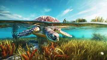 Ocean pollution is an ecological catastrophe Plastic bags A turtle surrounded . photo