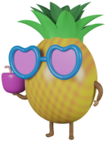 3D illustration render character yellow fruit pineapple in sunglasses with cocktail on transparent background png