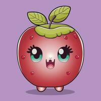 linda chibi dibujos animados manzana con ojos y un verde hoja vector