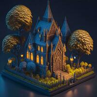Small wooden church on the background of the forest 3D illustration by ai generated photo