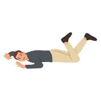 Man laying on ground in pain or unconsciousness, isolated male character fell down stretched hands in front of him and raised legs up. Accident or unexpected fall. vector