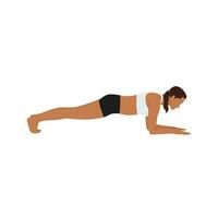 Woman doing Forearm plank exercise. Flat vector illustration isolated on white background