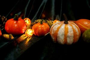 Halloween decorations background. Halloween Scary pumpkin head on wooden table Halloween holiday concept photo