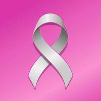 white ribbon badge isolated pink background. breast cancer awareness badge Vector illustration