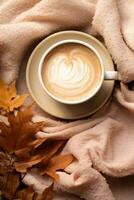 Autumn background with cup of coffee photo