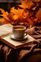 Autumn background with cup of coffee photo