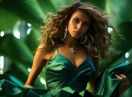 Fashion woman in green dress photo