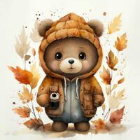 Cute autumn watercolor baby bear isolated photo