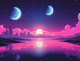 A futuristic pink land with a landscape with lighted icons photo