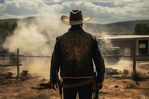 vaquero consiguiendo Listo para un tiroteo en el salvaje Oeste, espalda vista. ai generativo foto