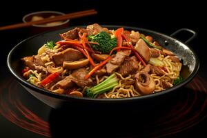 Stir fry chow mein noodles with pork and vegetable in black bowl. asian style food.ai generative photo