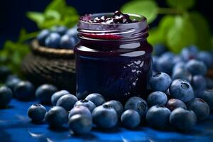 Glass jar with delicious blueberry jam with fresh berries. Healthy food for breakfast. ai generative photo