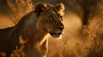 leona en el antecedentes de el africano sabana, caliente día, animales de África. ai generativo foto