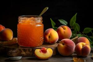 Red peach jam in small jar. Homemade autumn peach jam with fresh fruits. Fall preparations and canning on wooden table background copy space.ai generative photo