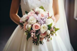 novia participación un hermosa Boda ramo de flores de flores primer plano.ai generativo foto