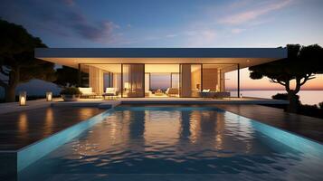 Exterior of modern minimalist cubic villa with swimming pool at sunset.ai generative photo