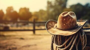 Rural background with a close-up of a cowboy hat and a rope. Rustic blurred background. ai generative photo