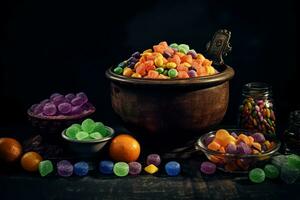 sweets with jelly and sugar inside the pot. colorful set of various children's sweets and treats. autumn holiday halloween. ai generative photo