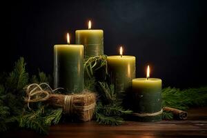 Decorative candles and fir branches. cozy christmas background. ai generative photo