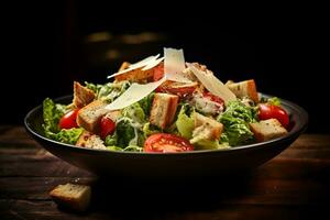A delicious chicken caesar salad with parmesan cheese, tomatoes, croutons and dressing.ai generative photo