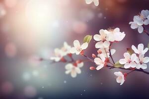 cherry blossom branches on blurred background .Pink sakura flowers, dreamy romantic image of spring, landscape panorama, copy space. ai generative photo