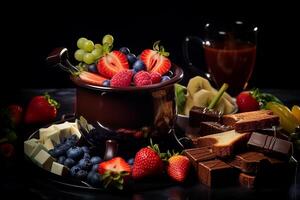 Chocolate fondue with fruits and toast, dark background. photo