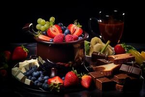 Chocolate fondue with fruits and toast, dark background.ai generative photo