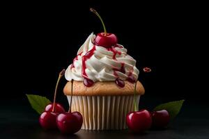 cupcake with cherry, dark background.ai generative photo