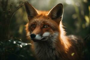 rojo zorro - vulpes, en denso bosque. de cerca. ai generativo foto