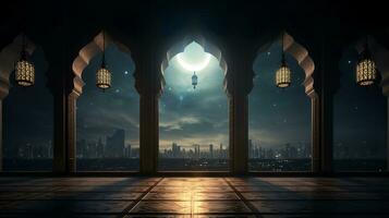 Moonlight shining through the window to the inside of an Islamic mosque with hanging lanterns.ai generative photo