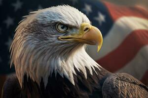 norte americano calvo águila en el antecedentes de el americano bandera. ai generativo foto