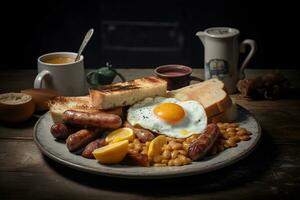 fried eggs, fried sausages, crispy fried bacon slices, stewed beans, toast on a white plate, british breakfast. ai generative photo