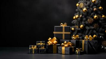 Christmas tree and gift boxes. festive christmas background. ai generative photo