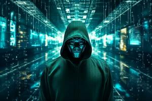 Computer hacker in mask and hoodie over abstract binary background. Obscured dark face. Data theft, internet fraud, darknet and cyber security. ai generative photo