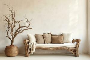 Rustic aged wood tree trunk bench with pillows near stucco wall with dried twig decor. Boho interior design of modern living room with window in farmhouse.ai generative photo