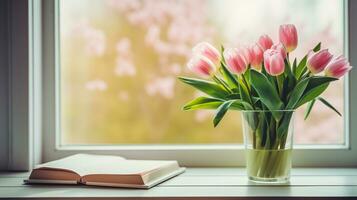 Pink tulips in a vase stand on the windowsill next to the book.ai generative photo